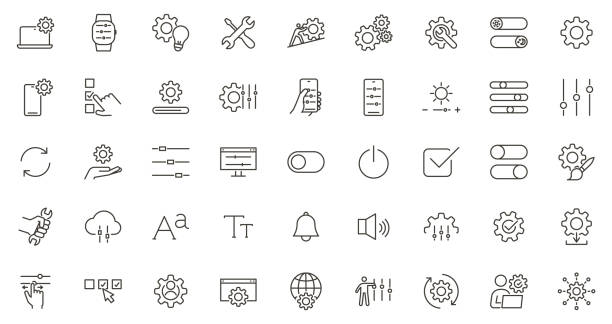 Settings, customization and setup thin line Icon Set. System and Device Adjustment graphic elements vector symbols. Options, configuration, gear illustrations Vector eps10 system configuration stock illustrations