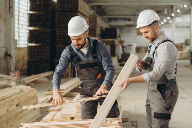 istock Carpenters working and examining wooden planks in workshop 2187901105