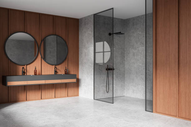 istock Modern Bathroom Design with Wooden Accents. 3D Rendering 2187902433