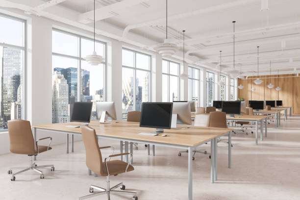 istock Modern open space office interior with large windows and city view. 3D Rendering 2187903003