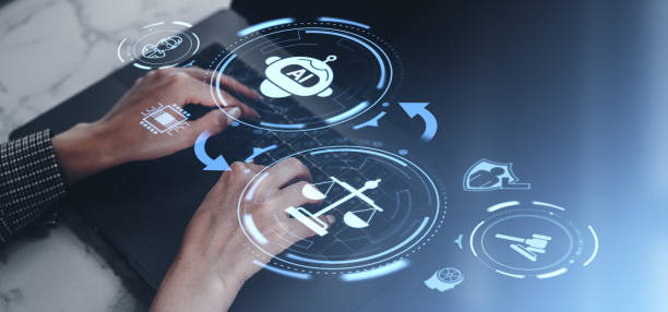 istock Hands typing with AI, law, and ethics icons on a futuristic interface. 2187903156