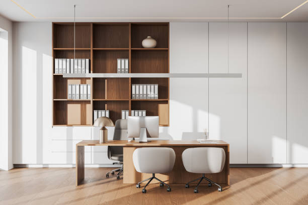 istock Modern loft office interior with wooden elements and white furniture. 3D Rendering 2187903513