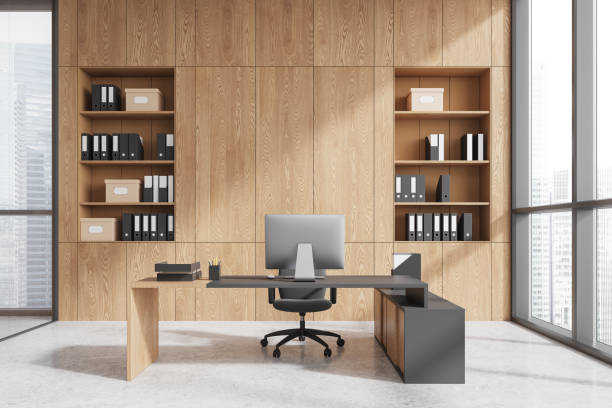 istock Modern office interior with wooden wall paneling and large windows. 3D Rendering 2187903764