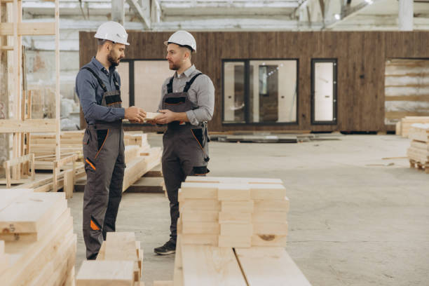 istock Construction workers examining wooden plank in modular building factory 2187903816