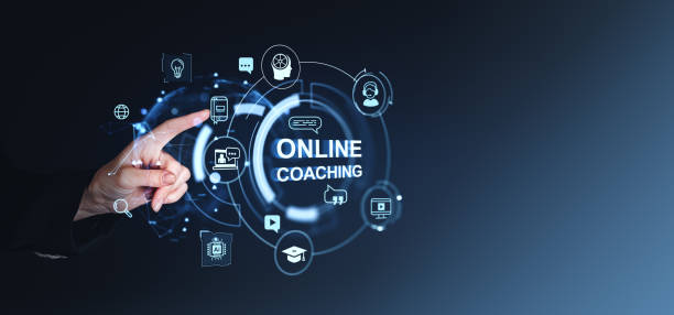 istock Woman finger touch online coaching icons on virtual screen. Copy space 2187903950