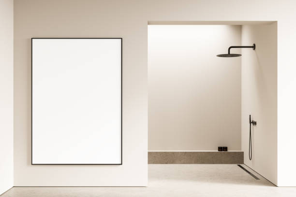istock Minimalist Bathroom Interior with Blank Framed Canvas. 3D Rendering 2187904858