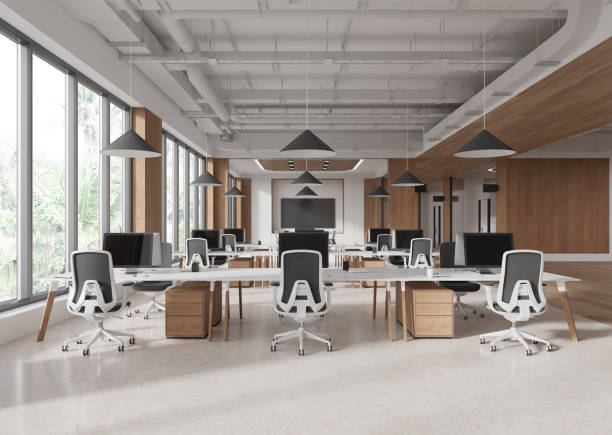 istock Office interior with meeting and coworking near panoramic window 2187905701