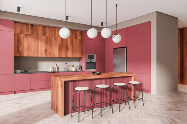 istock Home kitchen interior with bar island and cooking cabinet, refrigerator 2187906221