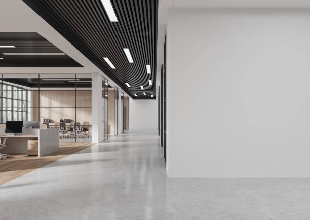 istock Modern office interior with empty walls and partitions for mockup purposes. 3D Rendering 2187906237