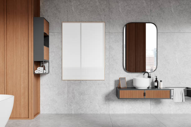 istock Modern home bathroom interior with sink and window. Mockup frame 2187907027