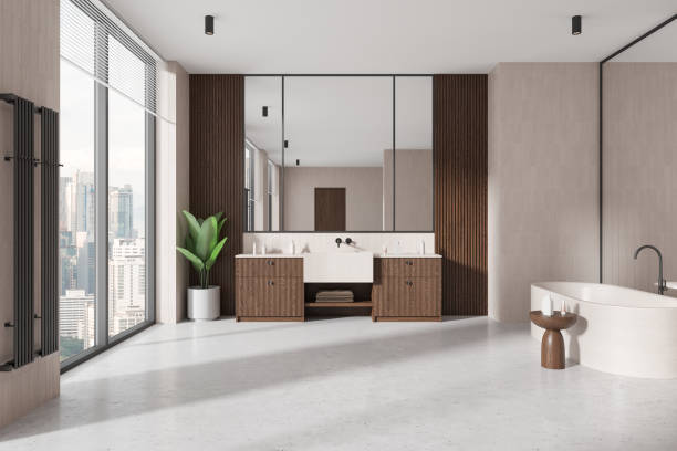 istock Modern bathroom interior with city view through large windows. 3D Rendering 2187907073
