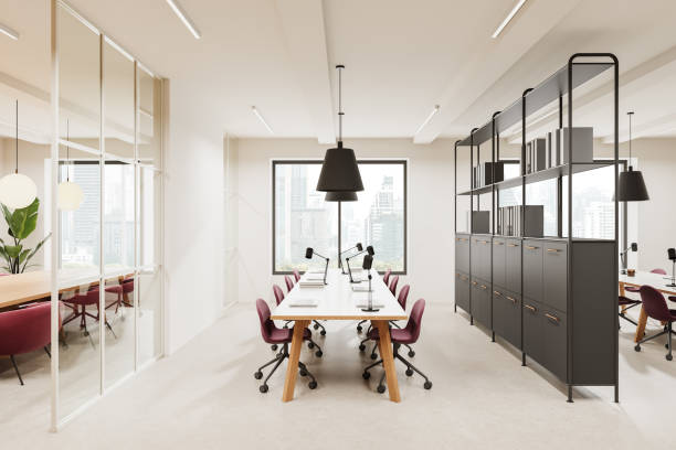 istock Light office meeting room interior with table and chairs, panoramic window 2187907091
