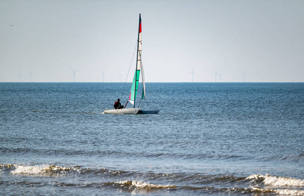 A lone sailor glides across the serene waters of the North Sea on a vibrant catamaran. This scene captures the spirit of freedom, adventure, beauty of open water, perfect for nautical-themed projects