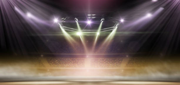 istock Theatre show. 3D rendering. Sport background. Beautiful blue smooth floor. Stage ice podium with smoke, people and spotlights. Reflection 2187920168