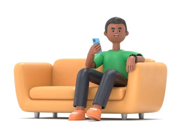 istock 3D illustration of handsome afro man David seat on sofa and using smartphone.Mockup 3d character illustration.3D rendering on white background. 2187939219