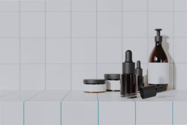istock Skincare dropper bottle mock-up with white tile background, 3d 2187940370