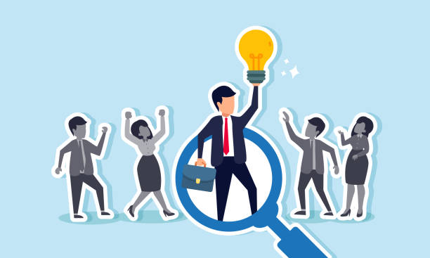 istock A businessman holding a lit lamp under a magnifying glass spotlight while grayscale businessmen celebrate, illustration of celebrating business success in idea and innovation 2187940381