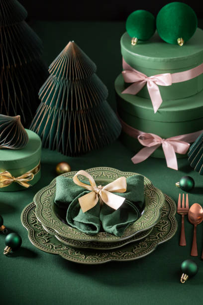 istock Contemporary dark green Christmas tableware as gift card. 2187945047