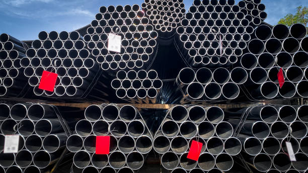 istock Steel pipe construction products for industrial materials. Construction engineering products. Equipment. Steel pipe. Metal warehouse industry. Delivered to customers. 2187947349