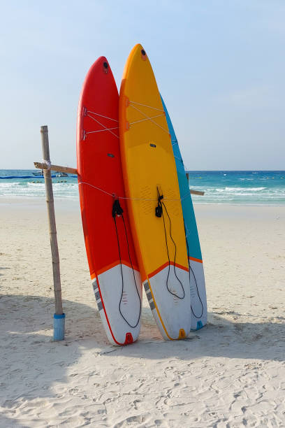istock Vibrant paddle boards lean against a wooden support on a sandy beach, ready for watersports enthusiasts 2187948384