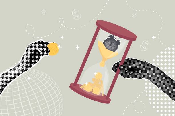 istock Trendy halftone collage. Business concept, time management, time is money, saving time, saving money, time value. Illustration for presentations, web banners, social media banners 2187958077