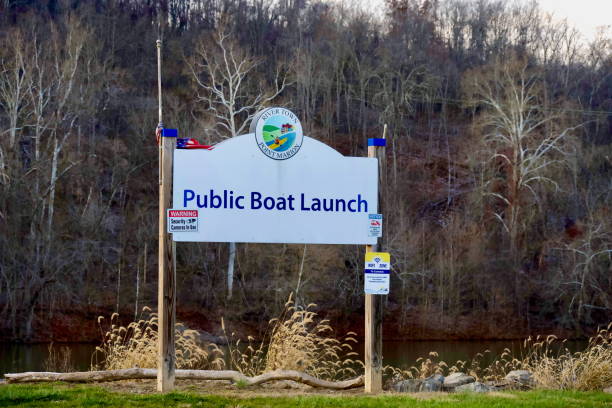 Point Marion, Pennsylvania, USA - November 30, 2024: Sign at the “Public Boat Launch” in Point Marion’s town park along the Monongahela River.