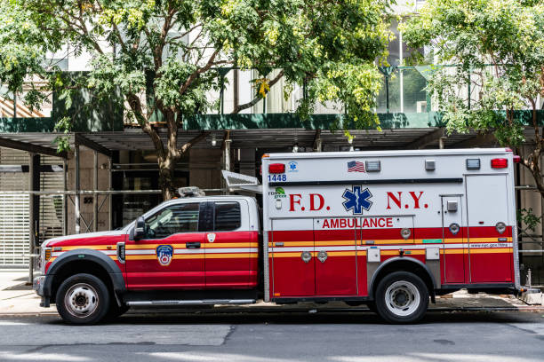 New York City, USA - August 05, 2023: FDNY Fire Department New York Ambulance, parked, driver side view.