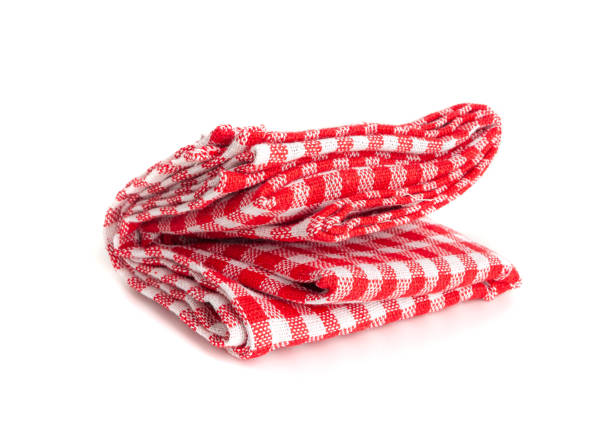 Picnic Table Cloth Isolated, Folded Checkered Napkin, Red White Tablecloth, Kitchen Towel with Gingham Pattern, Restaurant Dishcloth, Picnic Table Cloth on White Background