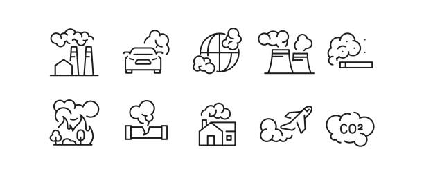 Air Pollution Icons Set Air Pollution icons. Set of 10 air pollution trendy minimal icons. Factory smoke, Wildfire, car emission, Industrial smoke. Design signs for web page, mobile app, packaging design. Vector illustration fumes stock illustrations