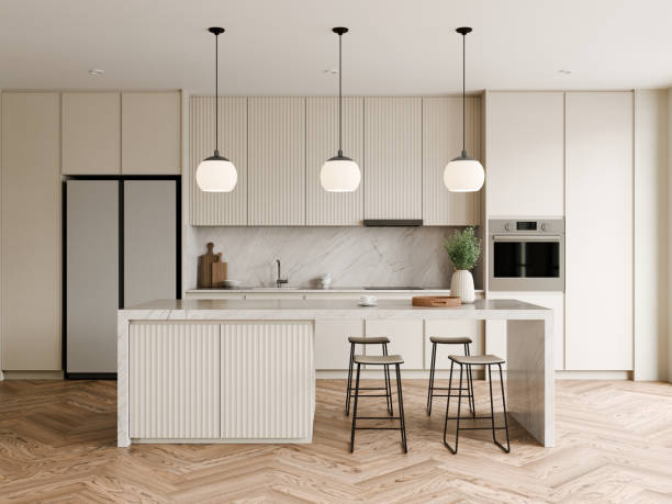 istock White modern Kitchen with large island, stylish elegant pendant lighting. 3d render. 2187965058