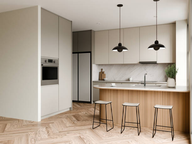 istock Modern Kitchen with Sleek Design and Natural Light, Minimalist design, Creating a warm and inviting cooking space. 3d render. 2187965061