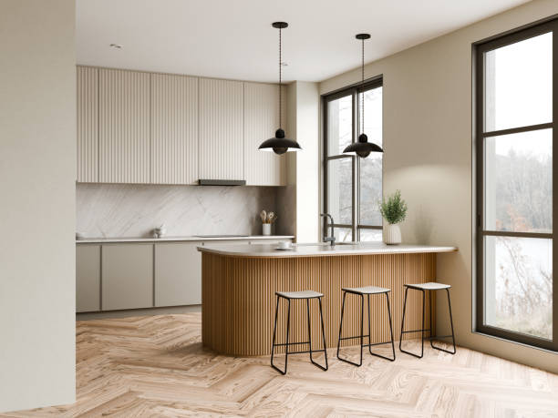 istock Modern Kitchen Design with Natural light streaming through large windows, enhancing the elegance of contemporary interiors. 3d render. 2187965066