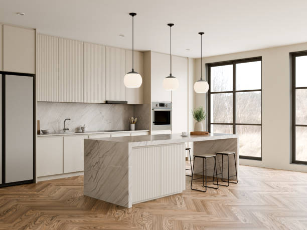 istock Modern Kitchen with Minimalist design and light features, sleek cabinetry, elegant light fixtures, and a spacious island. 3d render. 2187965079