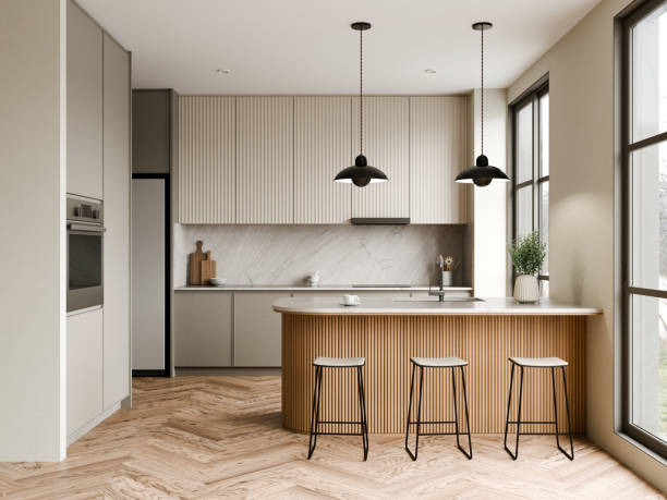 istock Modern Minimalist Kitchen with Elegant Design Features, sleek cabinetry, and elegant pendant lighting. 3d render. 2187965080