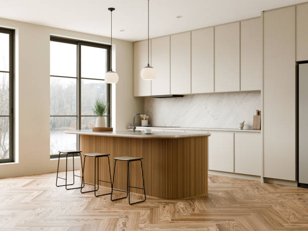istock Modern Elegant Kitchen with natural light pouring in through large windows. 3d render. 2187965095