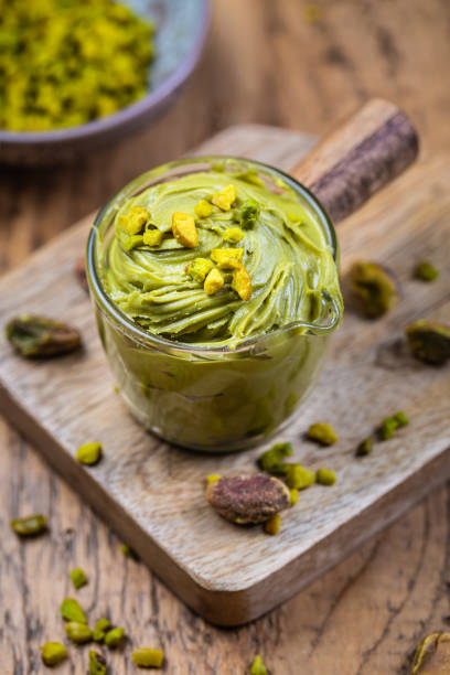 Homemade delicious pistachio spread, cream or mousse for baking