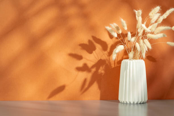 istock Vase with dry flowers against orange background with shadow pattern 2187972961