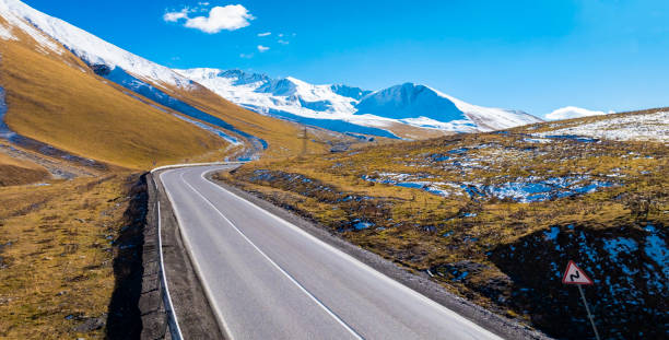 istock Aerial view  on the road surrounded by winter Landscape view 2187977785