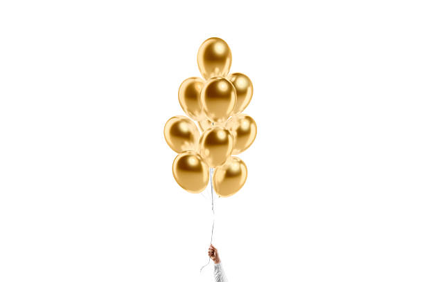 istock Hand holding blank gold round balloon bouquet mockup, isolated 2187980126