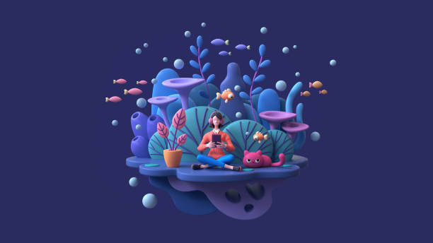istock 3d render woman in headphones learning online with tablet at home. 2187980928