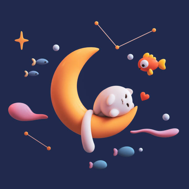 istock 3d render happy cat sleeps on yellow moon floating in the air. 2187981285
