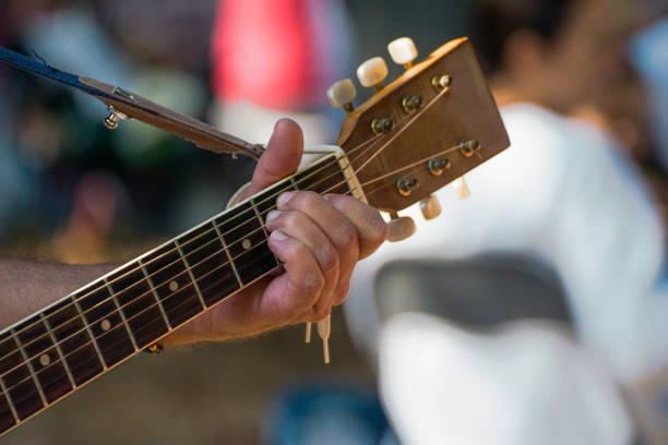 istock hand gripping spanish guitar neck, creating music 2187981679