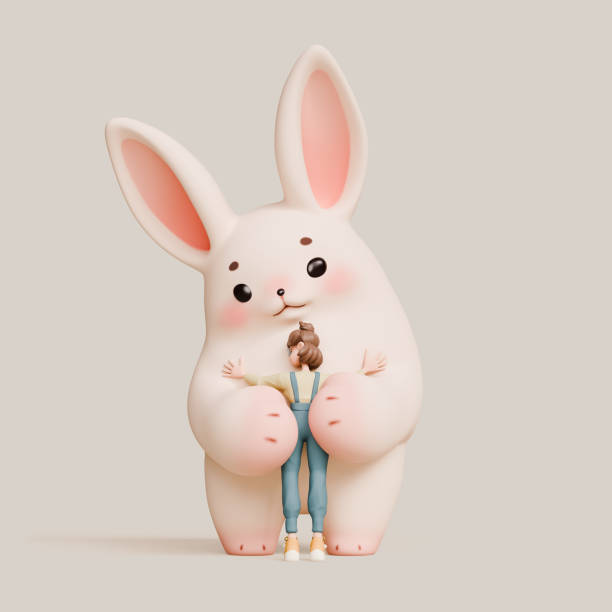 Cartoon cute kind funny kawaii smiling white fluffy Easter bunny with pink ears, cheeks stands hugging a girl with soft paws. Teenager hugs large plush toy with both hands. 3d render in pastel colors.