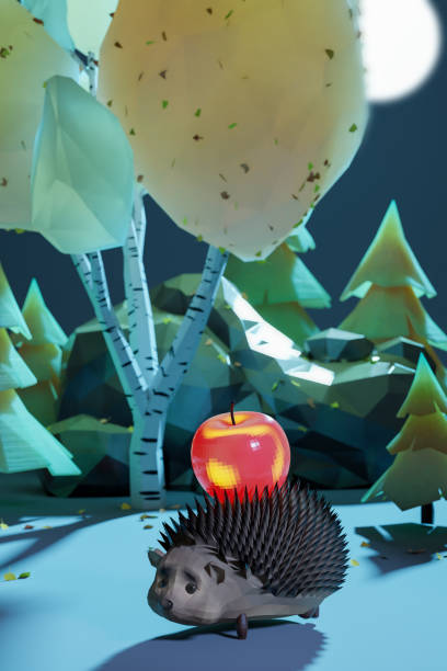 A little hedgehog carries an apple on his back through an autumn forest. Low-poly modelling, computer 3D graphics