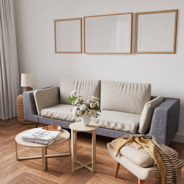 istock Interior living room mockup frame, equilateral square frame, three sets poster empty in home design, interior design element mockup, blank frame 3d render 2187988743