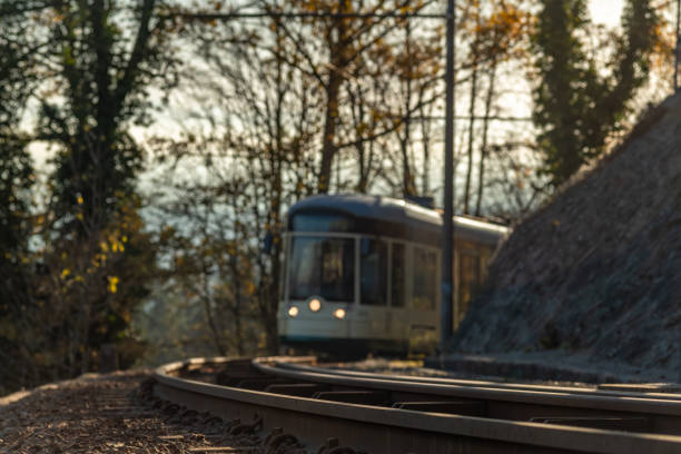 Old mountain tram in sunny autumn evening in Linz Austria