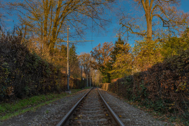 Old mountain tram track in sunny autumn evening in Linz Austria