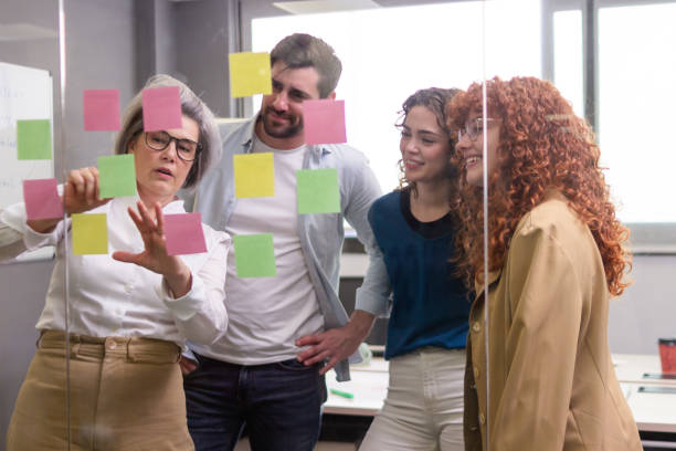 istock Coworkers planning using sticky notes on glass wall in office 2187995410