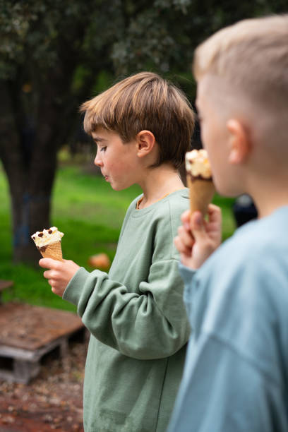 istock Two boys eating ice cream cones in a park 2187995944