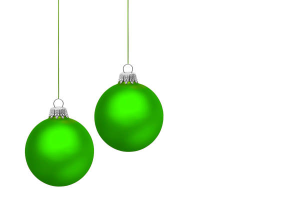Two green Christmas tree balls in front of white